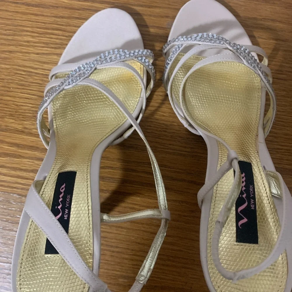 Nina Gathi Gold and Cream Strappy Low Heels wedding guest heels holiday party